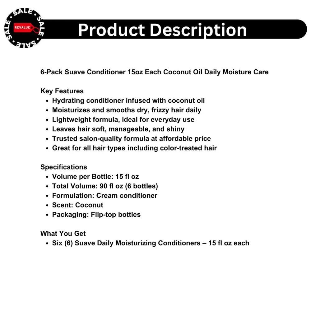 6-Pack Suave Conditioner 15oz Each‎ Coconut Oil Daily Moisture Care